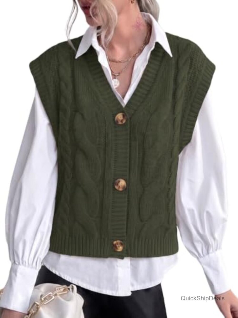 Women's Sleeveless Chunky Cable Knit Button Down Sweater Vest